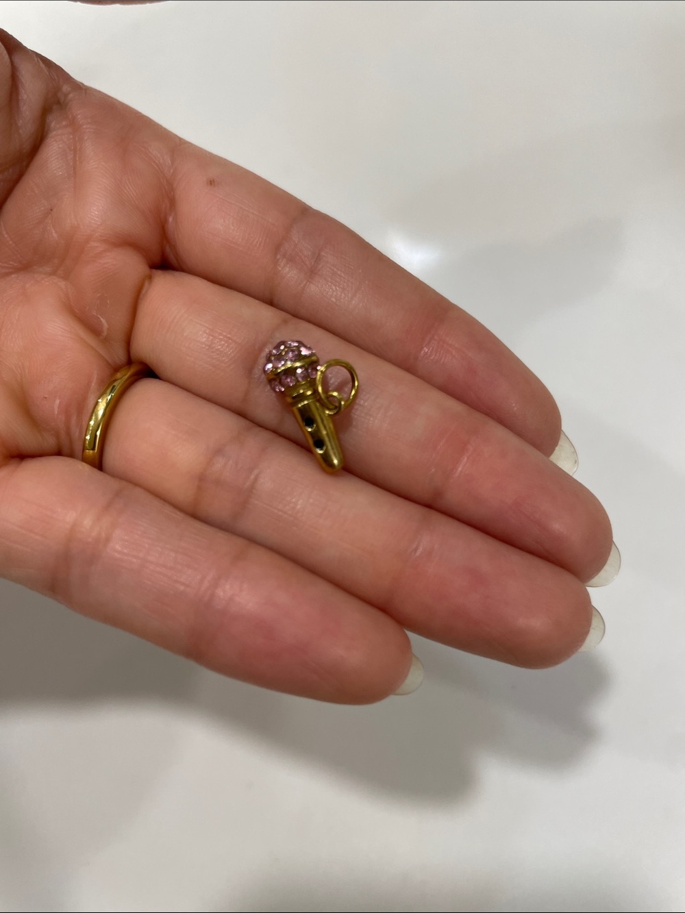 Gold Microphone Charm Pendant with Pink Crystals
